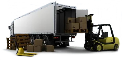 Illustration of a delivery truck being loaded by a forklift.